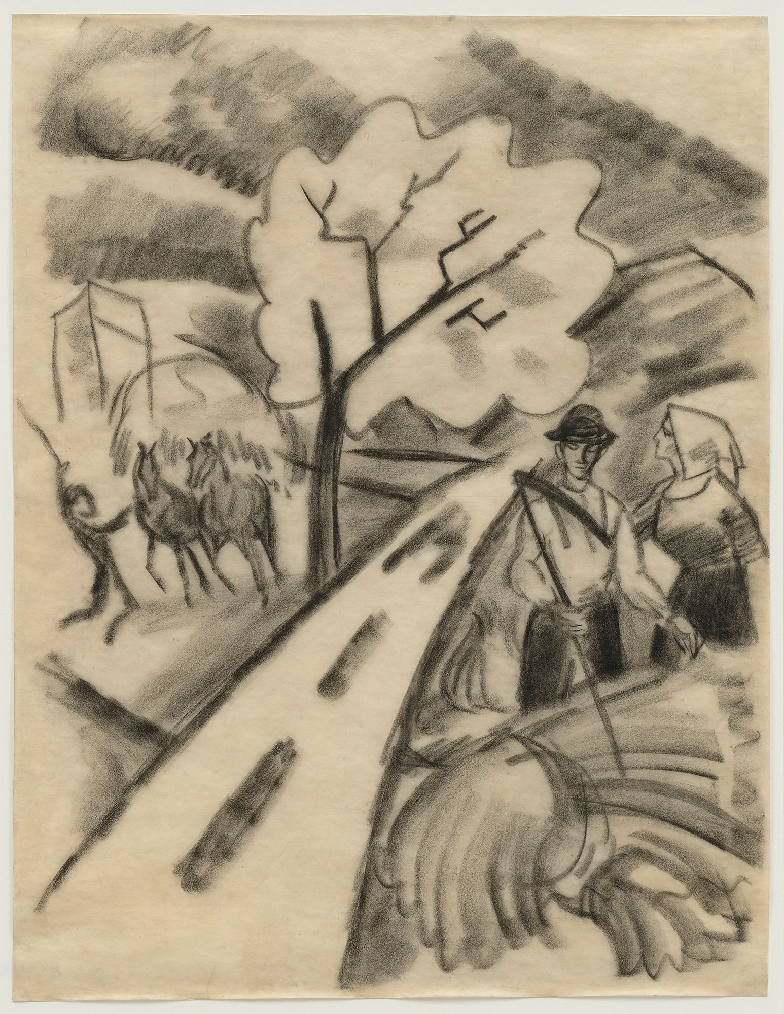 Zeichnung einer Ernteszene, im Vordergrund ein Bauernpaar