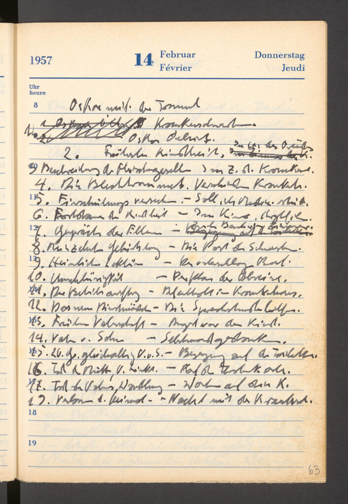 Handschrift in einem Kalenderbuch, 14. Februar 1957