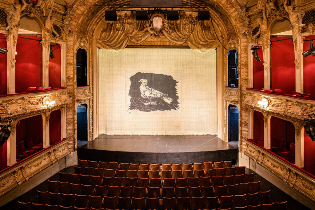Friedenstaube auf einem Vorhang in einem leeren Theatersaal